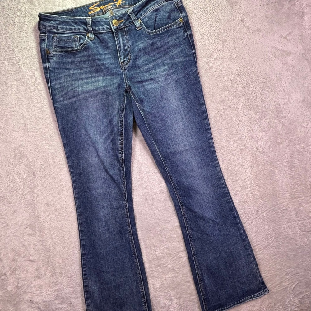 Seven7 Womens Jeans Sz 10 Blue Rhinestone Pocket Mid Rise Bootcut Stretch